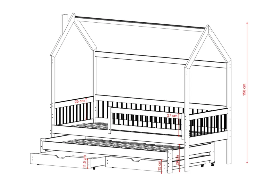 Dětská domečková postel s přistýlkou a šuplíky PIPER - 200x90 cm - šedá
