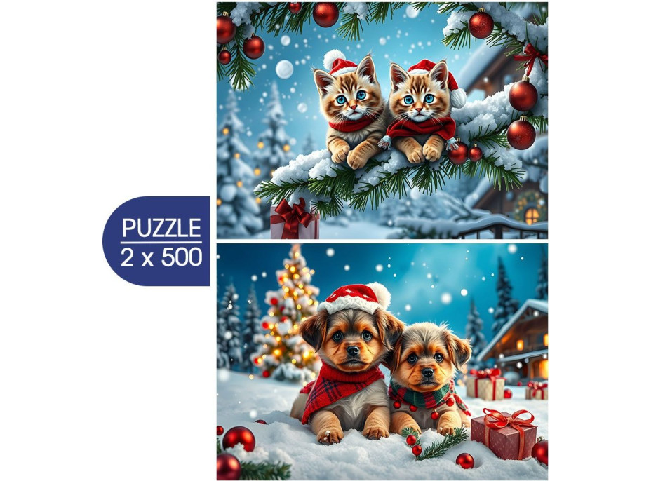 ALIPSON Puzzle Vánoční koťátka a štěňátka 2x500 dílků