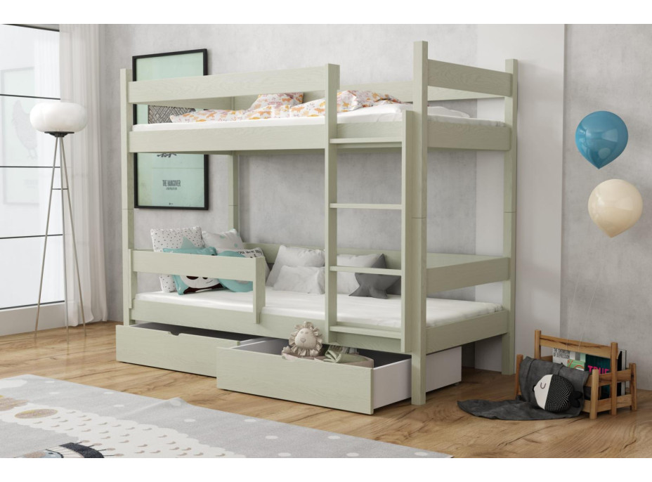 Dětská patrová postel z masivu borovice LEGEND se šuplíky - 180x80 cm - OLIVOVĚ ZELENÁ