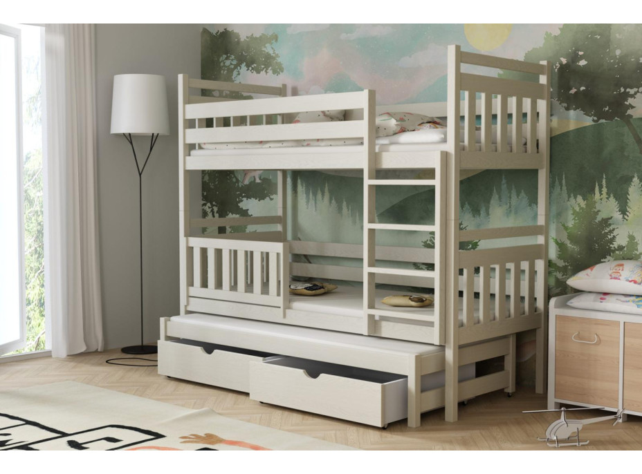 Dětská patrová postel z masivu borovice PETR s přistýlkou a šuplíky - 190x90 cm - KAŠMÍROVÁ
