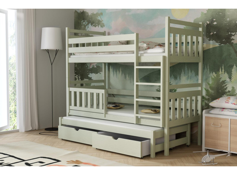 Dětská patrová postel z masivu borovice PETR s přistýlkou a šuplíky - 180x80 cm - OLIVOVĚ ZELENÁ