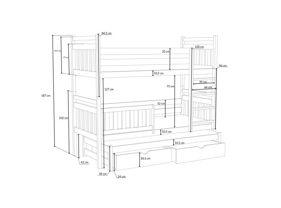 Dětská patrová postel z masivu borovice PETR s přistýlkou a šuplíky - 190x90 cm - KAŠMÍROVÁ