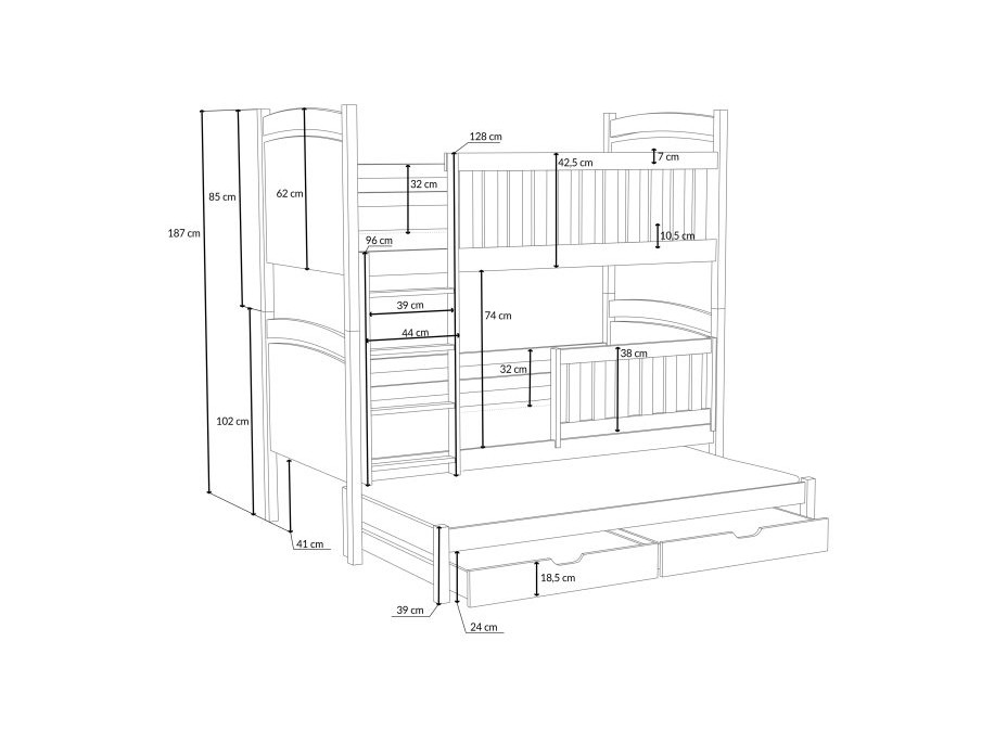 Dětská patrová postel z masivu borovice ADRIANA s přistýlkou a šuplíky - 200x90 cm - BÍLÁ