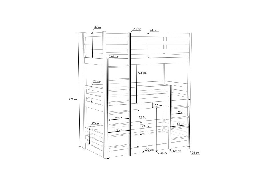 Dětská třípatrová postel z masivu borovice ARIZONA - 200x80 cm - BÍLÁ