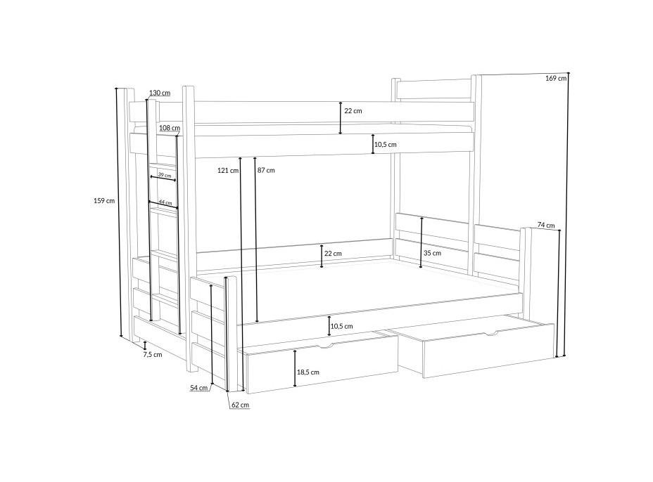 Dětská patrová postel z masivu borovice s rozšířeným spodním lůžkem BERTA se šuplíky - 200x90/140 cm - BÍLÁ