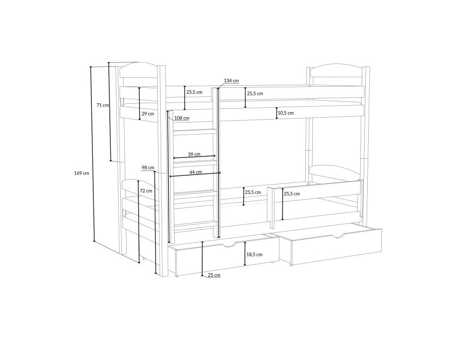 Dětská patrová postel z masivu borovice KAJETÁN se šuplíky - 200x80 cm - PŘÍRODNÍ BOROVICE