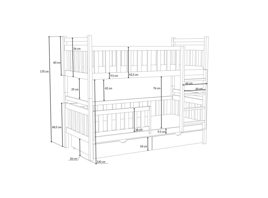 Dětská patrová postel z masivu borovice KAREL se šuplíky - 200x90 cm - PŘÍRODNÍ BOROVICE