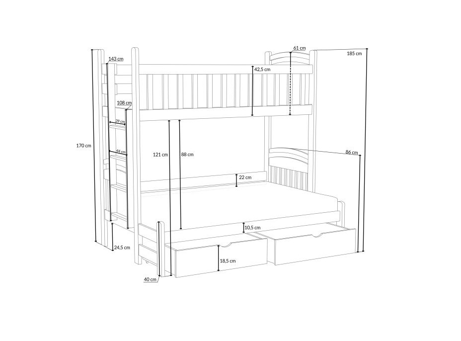 Dětská patrová postel z masivu borovice s rozšířeným spodním lůžkem LUKÁŠ se šuplíky - 200x90/140 cm - PŘÍRODNÍ BOROVICE