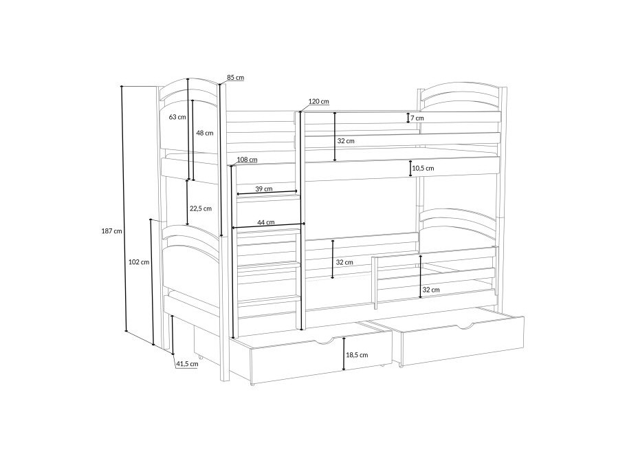 Dětská patrová postel z masivu borovice MARCELA se šuplíky - 200x80 cm - BÍLÁ