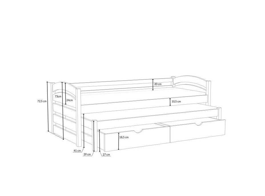 Dětská postel z masivu borovice MONI s přistýlkou a šuplíky - 200x80 cm - BÍLÁ