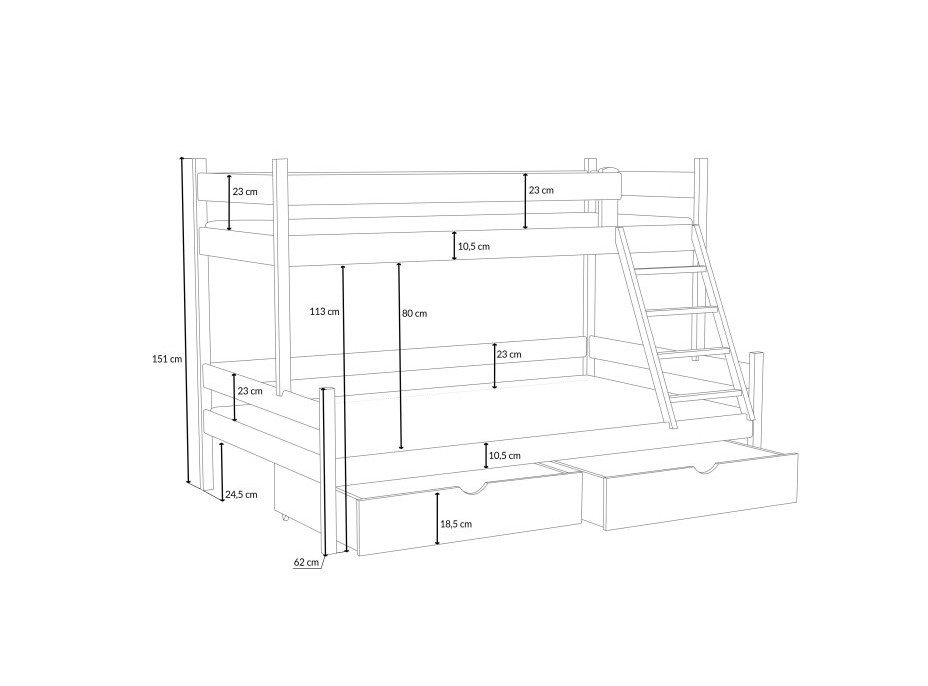 Dětská patrová postel z masivu borovice s rozšířeným spodním lůžkem NEVADA se šuplíky - 200x90/140 cm - BÍLÁ