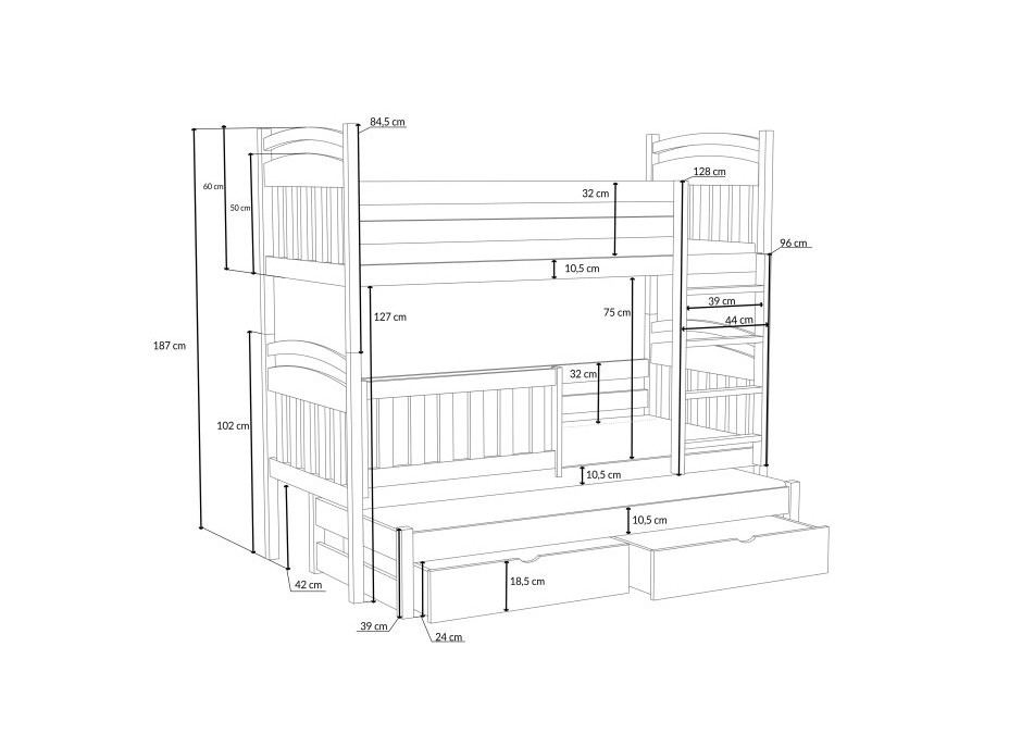 Dětská patrová postel z masivu borovice ONDRA s přistýlkou a šuplíky - 200x80 cm - BÍLÁ