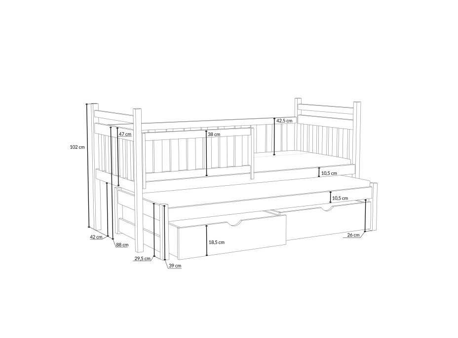 Dětská postel z masivu borovice PROKOP s přistýlkou a šuplíky - 200x80 cm - BÍLÁ
