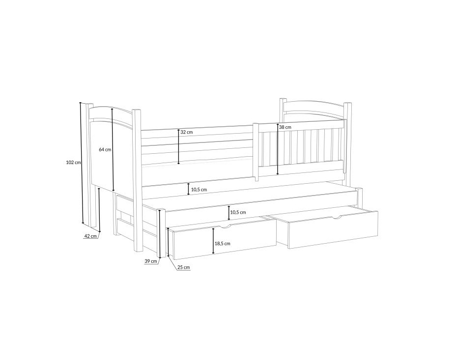 Dětská postel z masivu borovice SABINA s přistýlkou a šuplíky - 200x80 cm - PŘÍRODNÍ BOROVICE