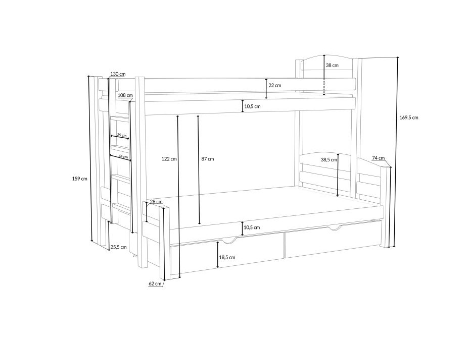 Dětská patrová postel z masivu borovice s rozšířeným spodním lůžkem SAVANA se šuplíky - 200x90/140 cm - PŘÍRODNÍ BOROVICE