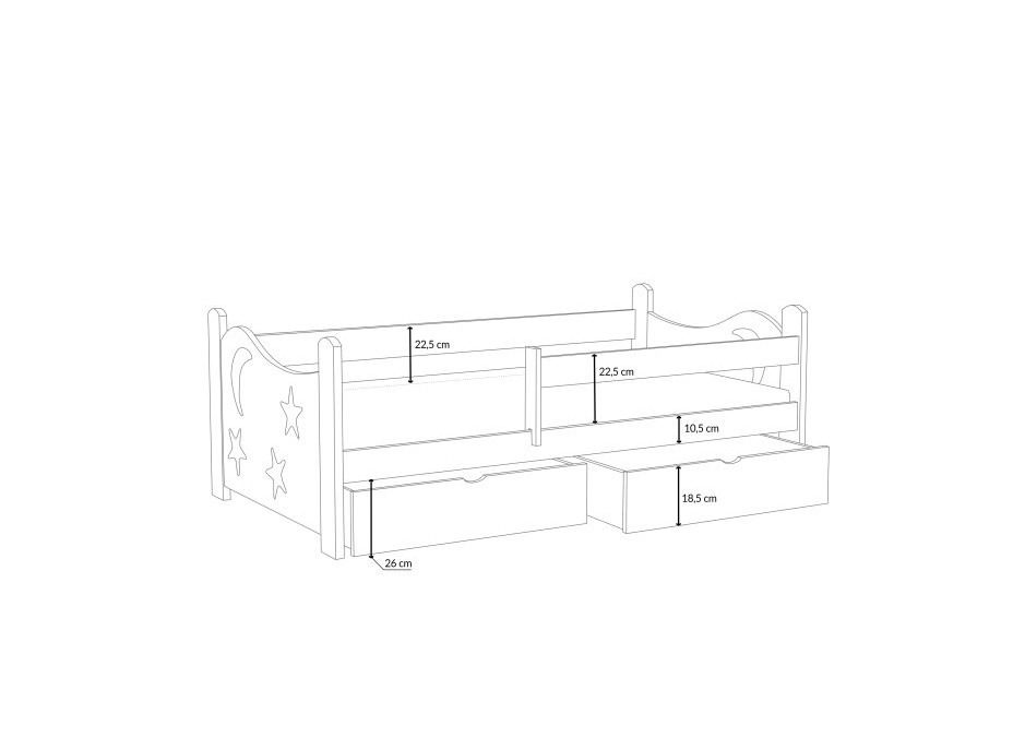 Dětská postel z masivu borovice STARS s výřezem a šuplíky - 200x90 cm - PŘÍRODNÍ BOROVICE