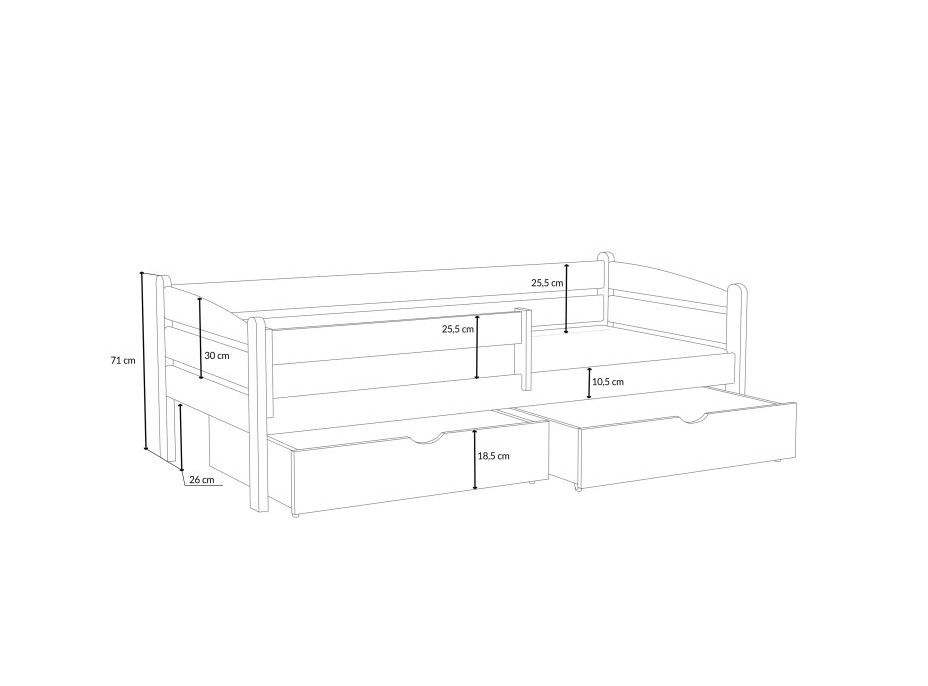 Dětská postel z masivu borovice ZORA se šuplíky - 200x80 cm - PŘÍRODNÍ BOROVICE