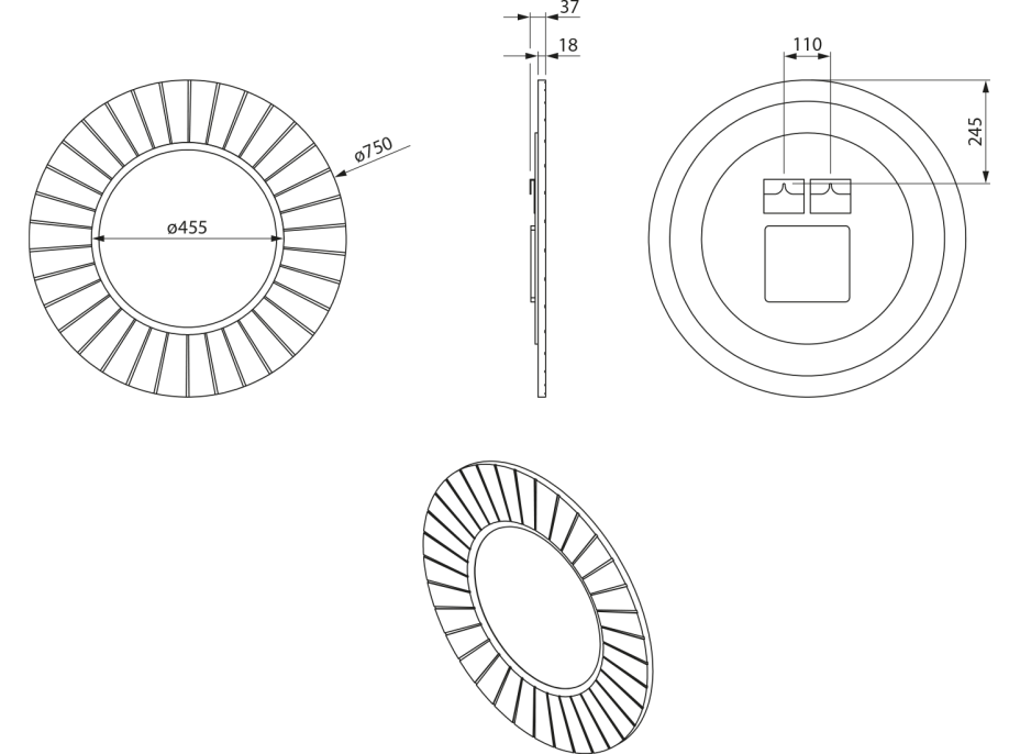 Sapho LUMIRO STRIP kulaté zrcadlo s LED osvětlením v rámu ø 75cm, carina LR750-4141S