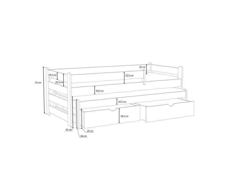 Dětská postel z masivu borovice ALEX s přistýlkou a šuplíky - 190x90 cm - PŘÍRODNÍ BOROVICE