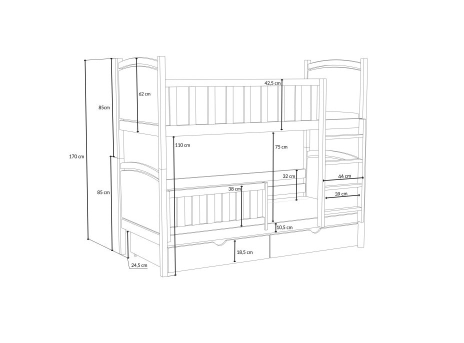 Dětská patrová postel z masivu borovice BARTOLOMĚJ se šuplíky - 190x90 cm - PŘÍRODNÍ BOROVICE