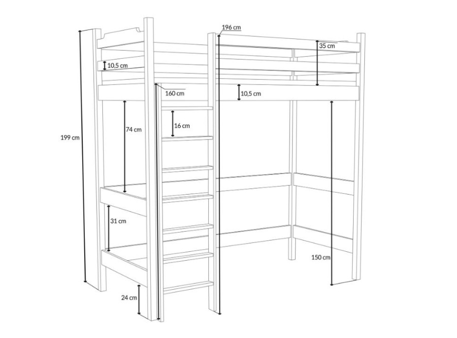 Dětská vyvýšená postel z masivu borovice TEXAS - 200x90 cm - OLIVOVĚ ZELENÁ