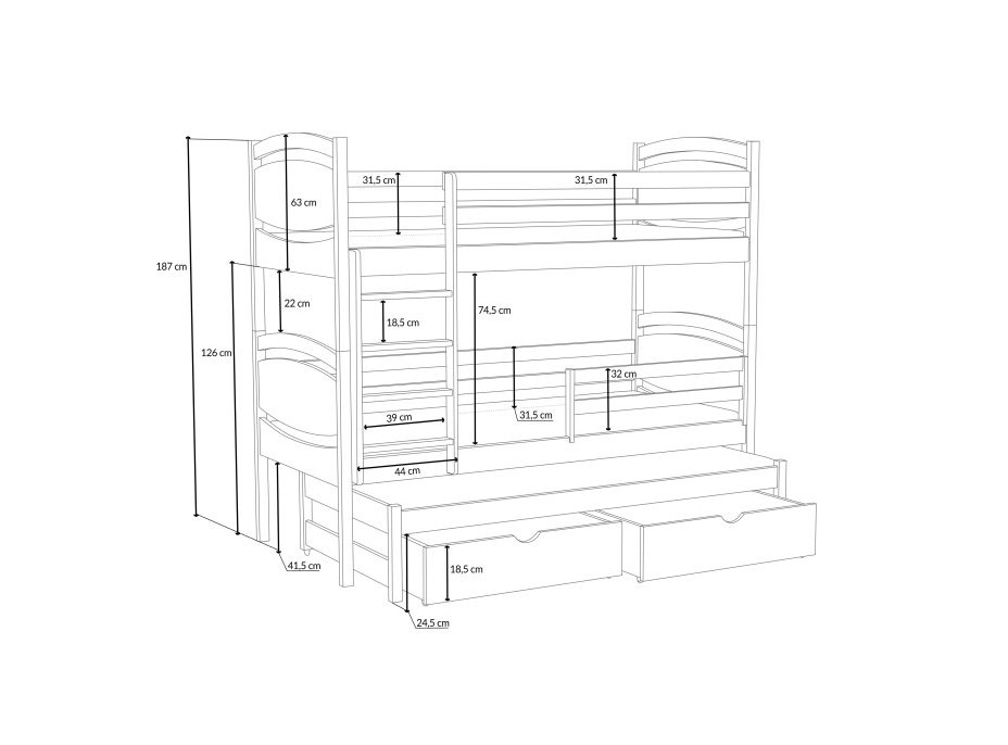 Dětská patrová postel z masivu borovice EMA s přistýlkou a šuplíky - 190x90 cm - BÍLÁ