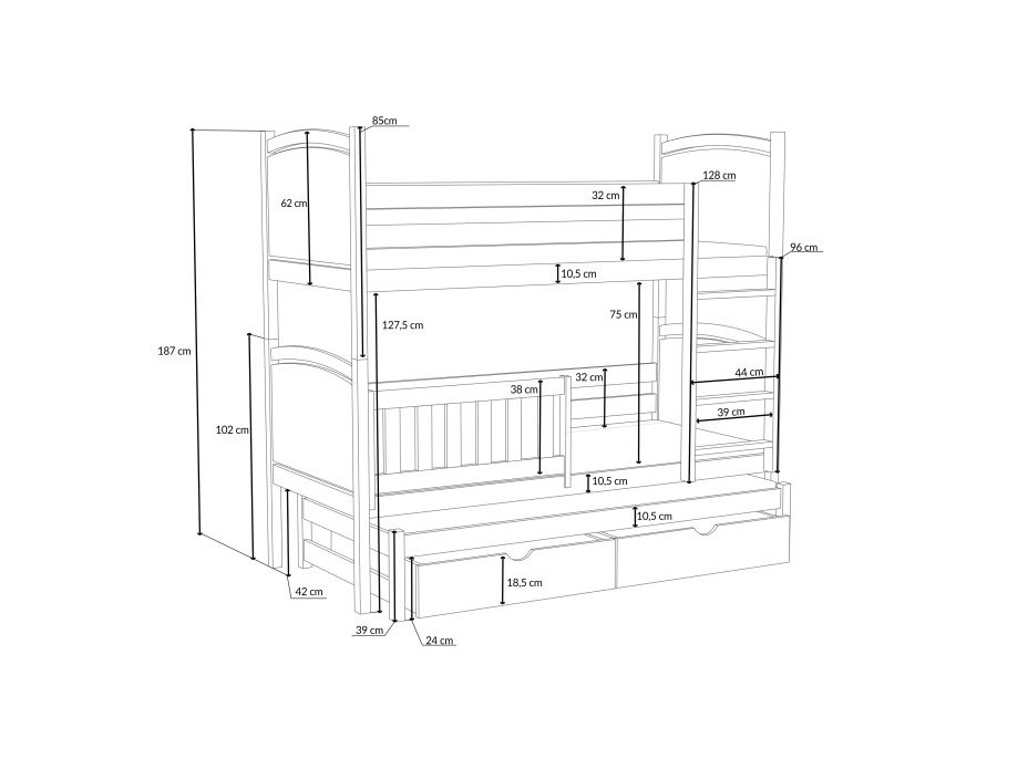 Dětská patrová postel z masivu borovice FLORIDA s přistýlkou a šuplíky - 190x90 cm - PŘÍRODNÍ BOROVICE