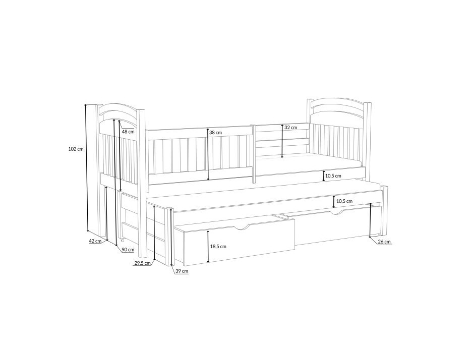 Dětská postel z masivu borovice KAŠPAR s přistýlkou a šuplíky - 180x80 cm - PŘÍRODNÍ BOROVICE