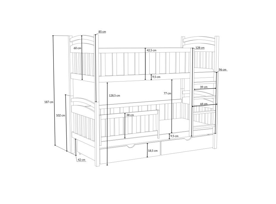 Dětská patrová postel z masivu borovice KRISTEN se šuplíky - 190x90 cm - BÍLÁ