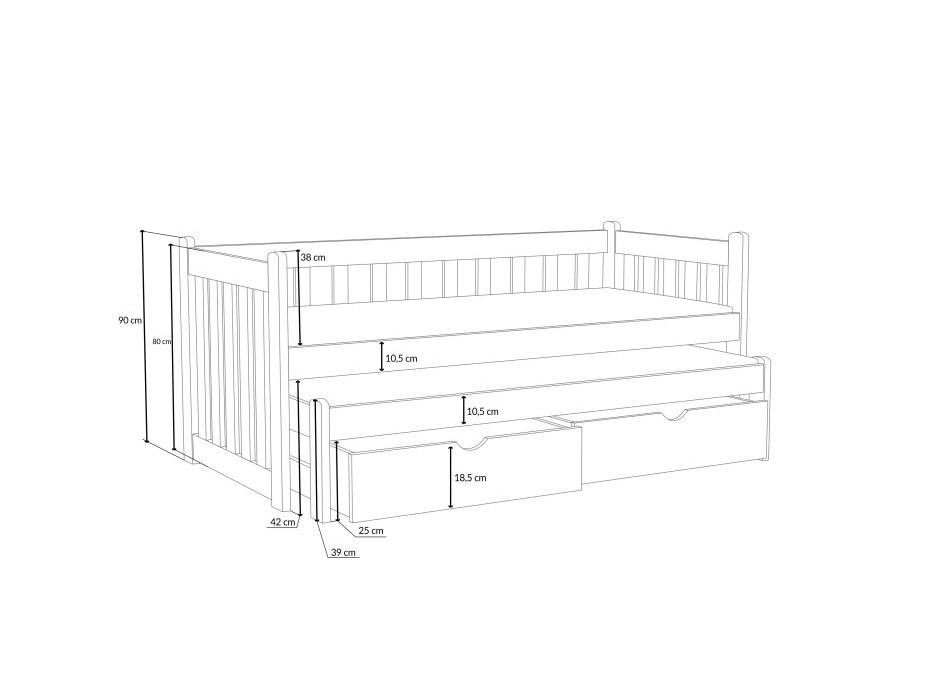 Dětská postel z masivu borovice KRYŠPÍN s přistýlkou a šuplíky - 190x90 cm - PŘÍRODNÍ BOROVICE