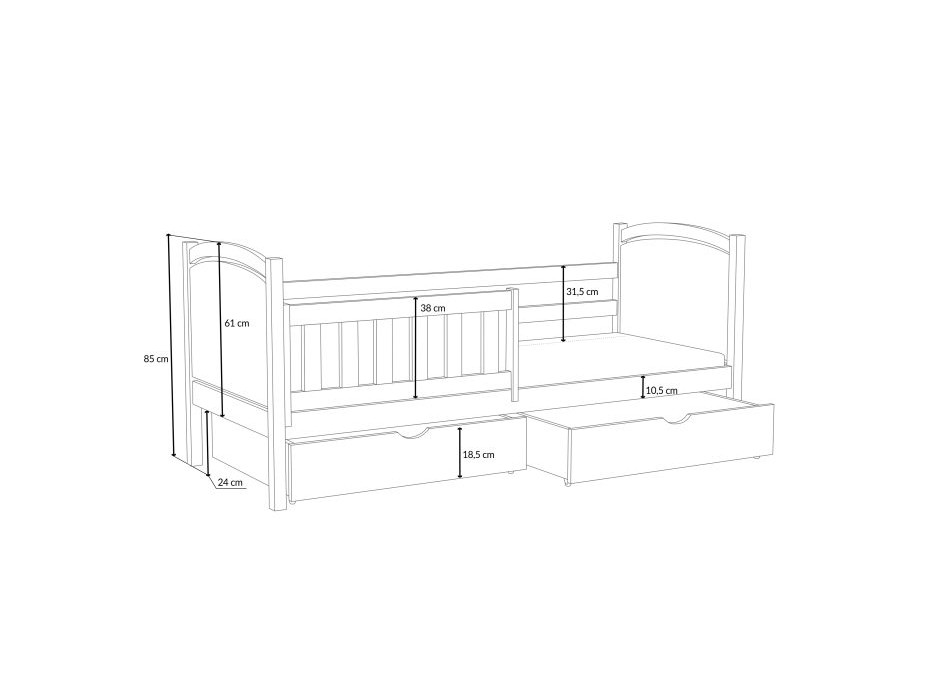 Dětská postel z masivu borovice NOEL se šuplíky - 190x90 cm - BÍLÁ