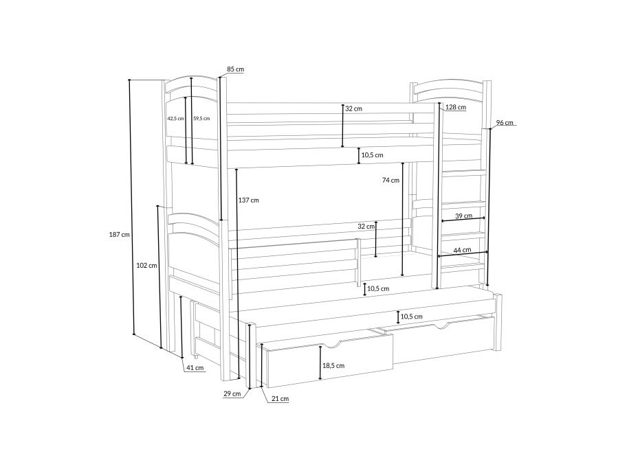 Dětská patrová postel z masivu borovice OLÍVIE s přistýlkou a šuplíky - 180x80 cm - BÍLÁ