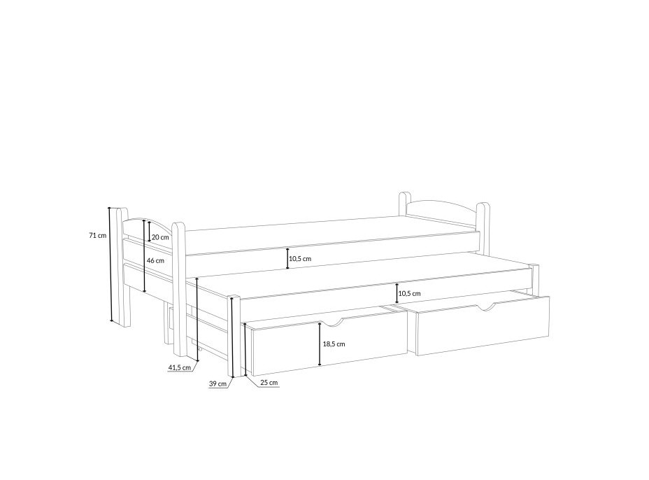 Dětská postel z masivu borovice PATRICIE s přistýlkou a šuplíky - 180x80 cm - PŘÍRODNÍ BOROVICE