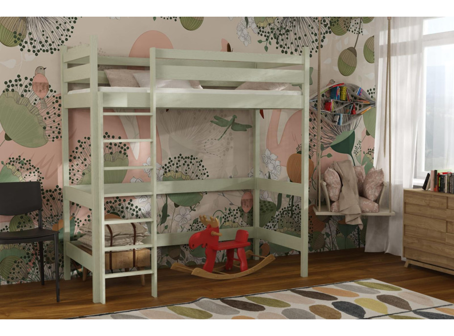 Dětská vyvýšená postel z masivu borovice TEXAS - 190x90 cm - OLIVOVĚ ZELENÁ