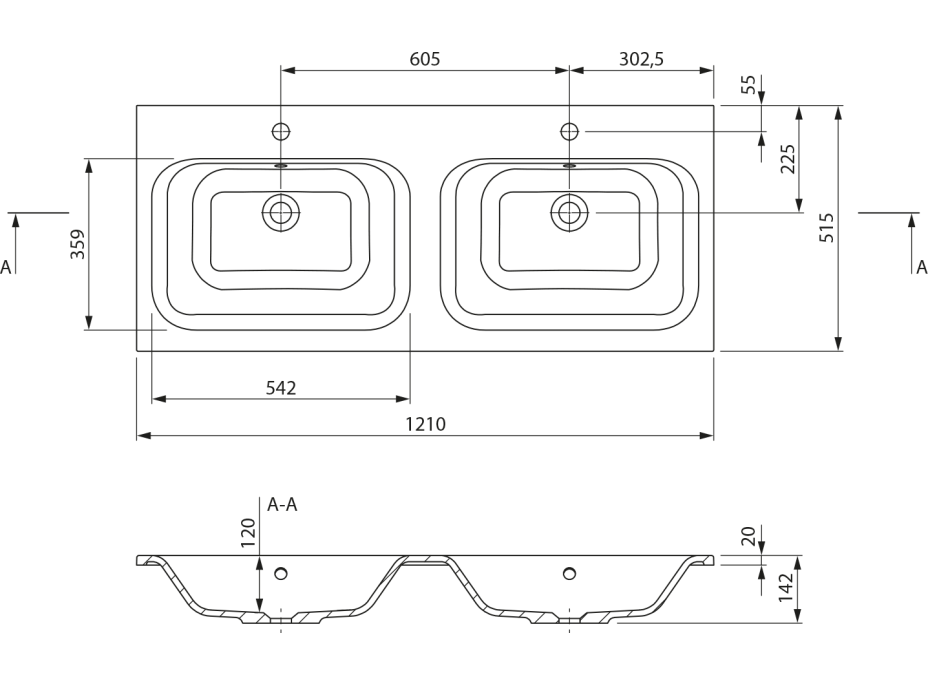 Sapho ARECA dvojumyvadlo, litý mramor, 121x51, 5cm, bílá AC121