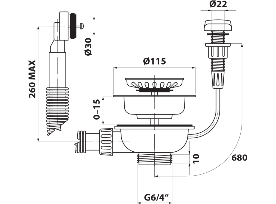 Bruckner Dřezová výpust 6/4", s přepadem a ovládáním, nerez 155.122.1
