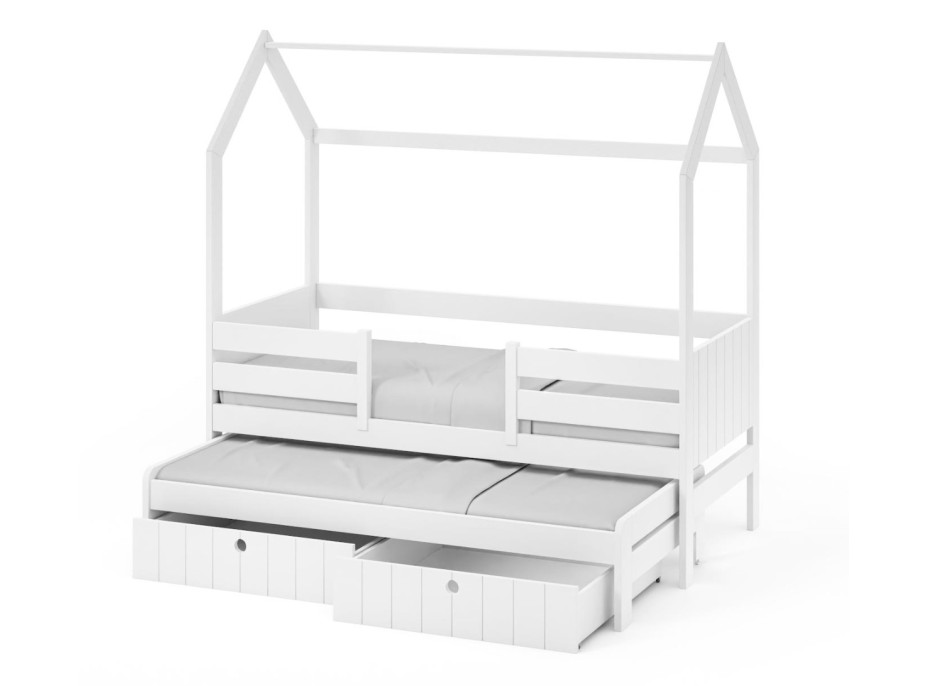 Dětská domečková postel z masivu borovice NOLAN se šuplíky a přistýlkou - 180x80 cm - bílá