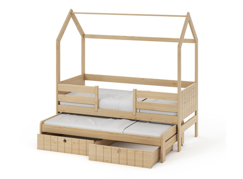 Dětská domečková postel z masivu borovice NOLAN se šuplíky a přistýlkou - 200x90 cm - přírodní borovice