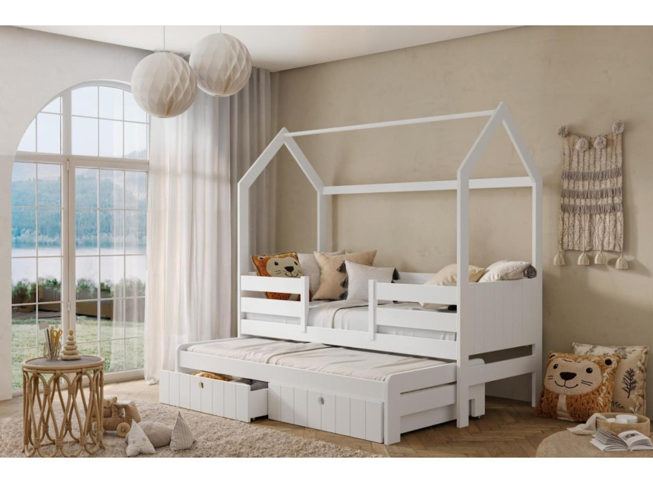 Dětská domečková postel z masivu borovice NOLAN se šuplíky a přistýlkou - 180x80 cm - bílá