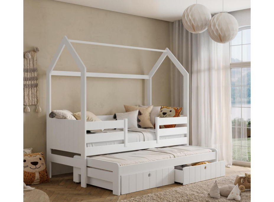 Dětská domečková postel z masivu borovice NOLAN se šuplíky a přistýlkou - 200x90 cm - bílá