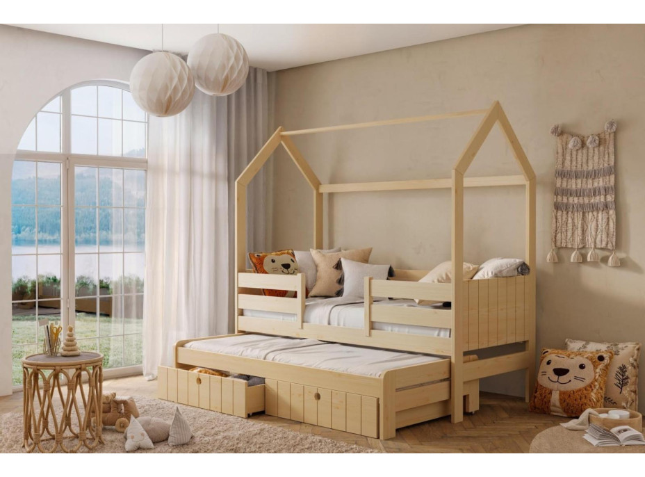 Dětská domečková postel z masivu borovice NOLAN se šuplíky a přistýlkou - 180x80 cm - přírodní borovice