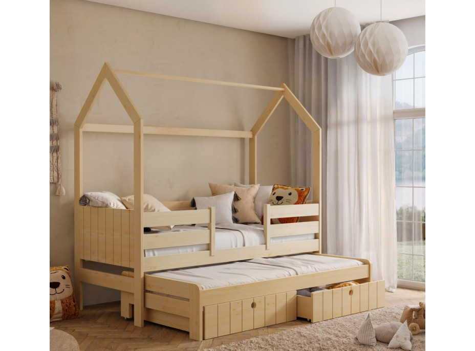 Dětská domečková postel z masivu borovice NOLAN se šuplíky a přistýlkou - 180x80 cm - přírodní borovice