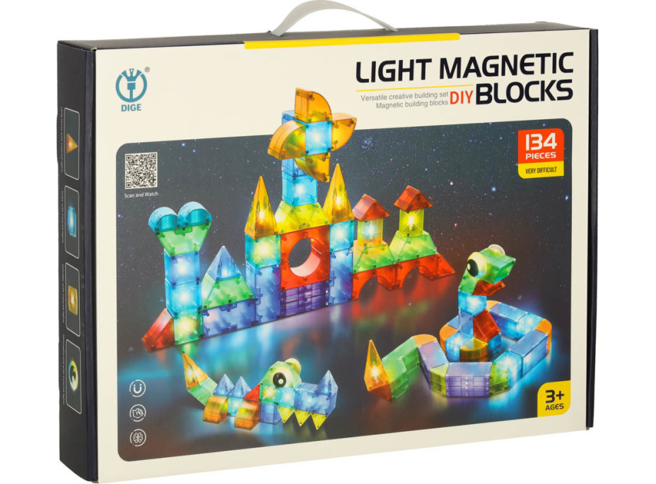 Svítící LED magnetická 3D stavebnice - 134 prvků