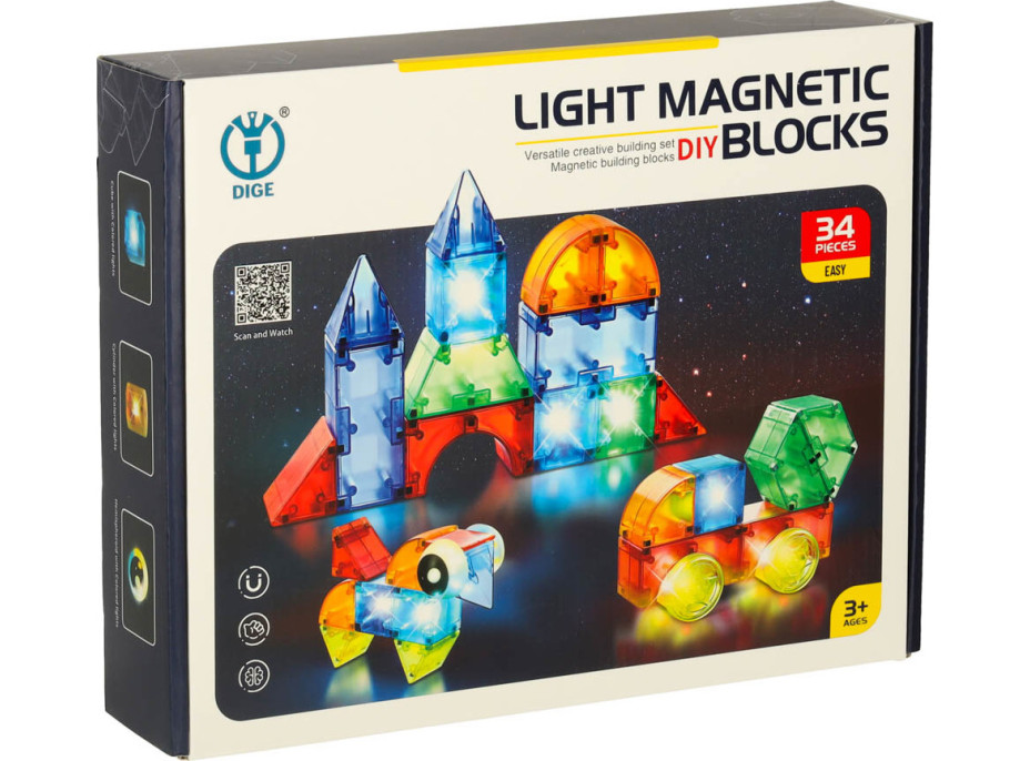 Svítící LED magnetická 3D stavebnice - 32 prvků