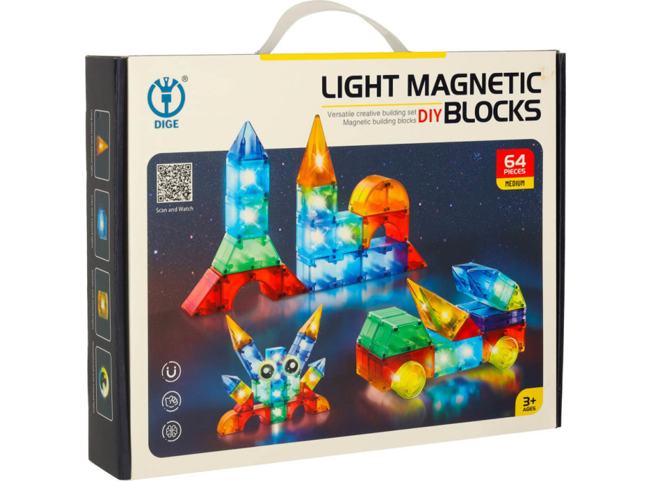 Svítící LED magnetická 3D stavebnice - 64 prvků