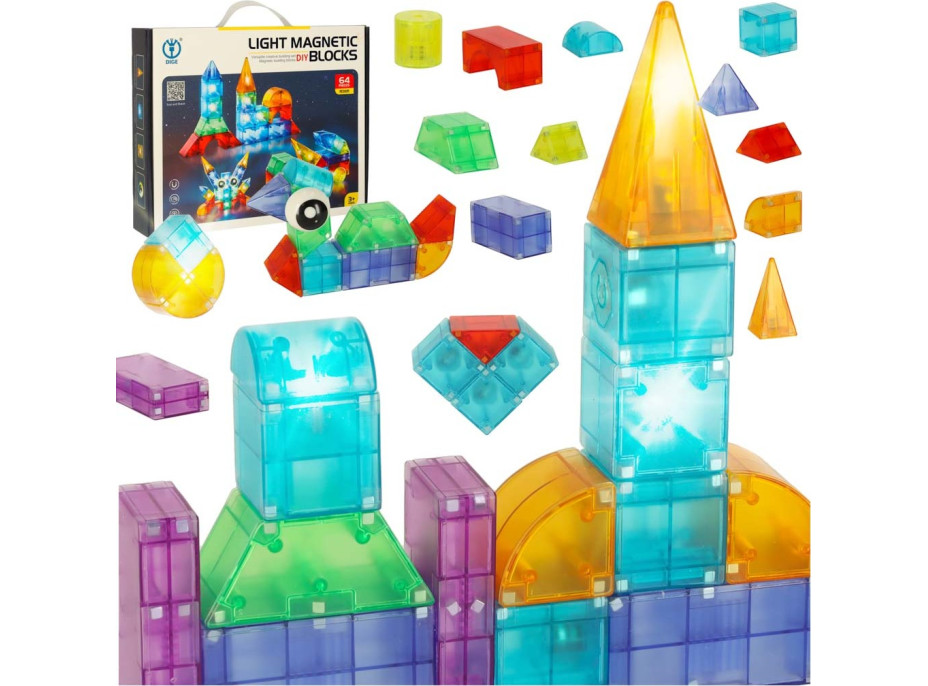 Svítící LED magnetická 3D stavebnice - 64 prvků