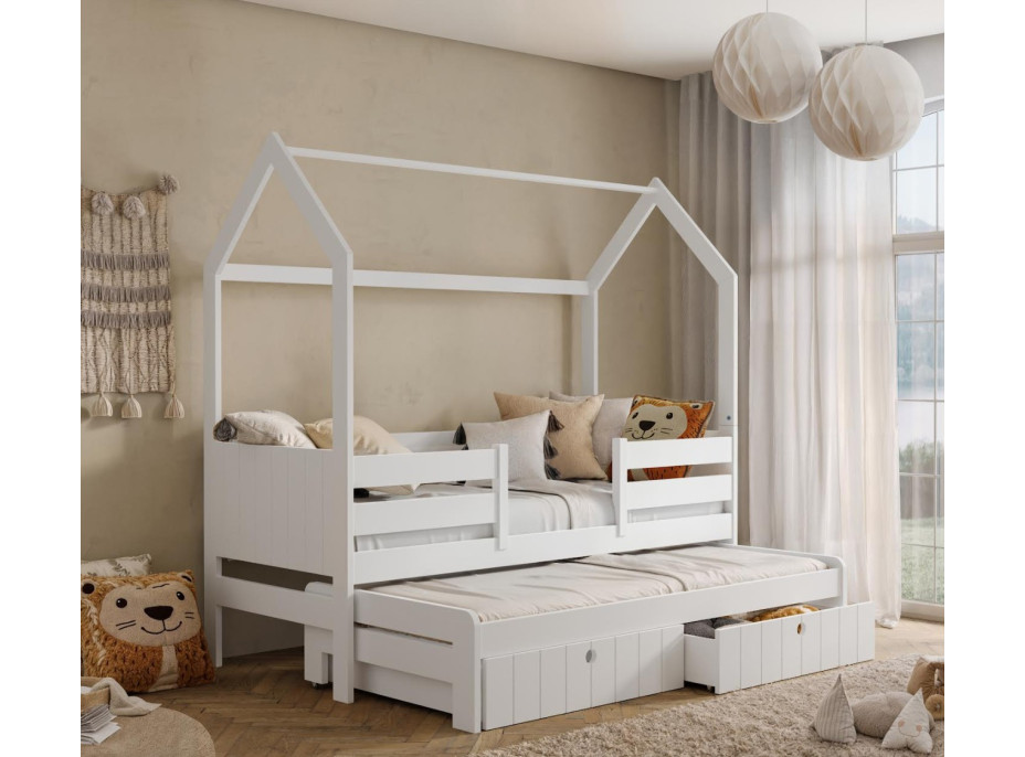 Dětská domečková postel z masivu borovice NOLAN II se šuplíky a přistýlkou - 180x80 cm - bílá