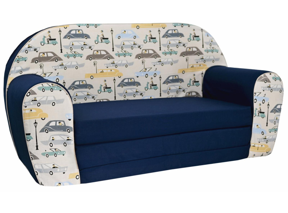 Dětská rozkládací JUNIOR pohovka Retro auta - tmavě modrá/krémová