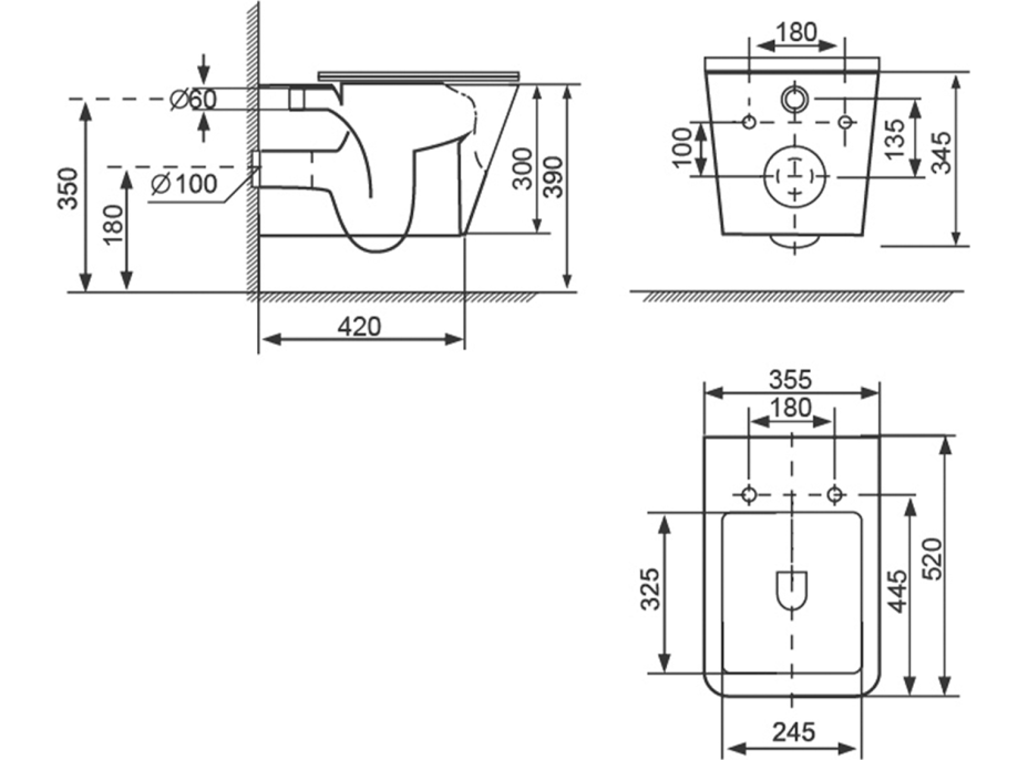 Sapho PORTO závěsná WC mísa, Vortex Rimless, 35, 5x52cm, bílá PZ102V