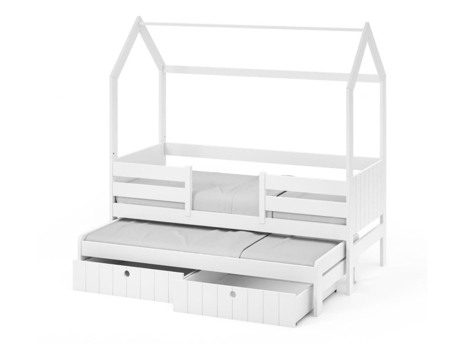 Dětská domečková postel z masivu borovice NOLAN II se šuplíky a přistýlkou - 200x90 cm - bílá